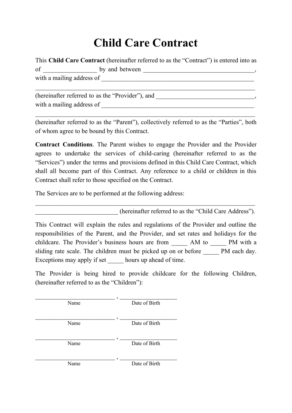 Free Printable Childcare Contract Form Printable Forms Free Online