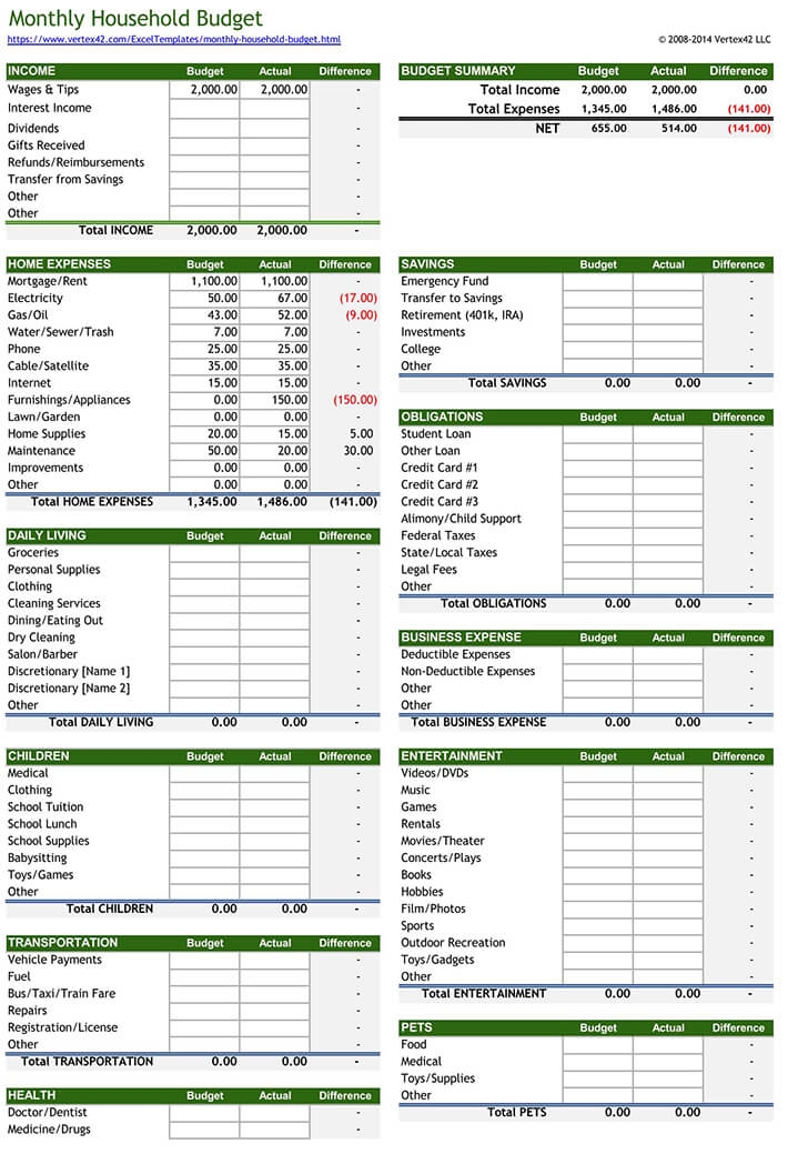 Free Printable Household Budget Worksheet