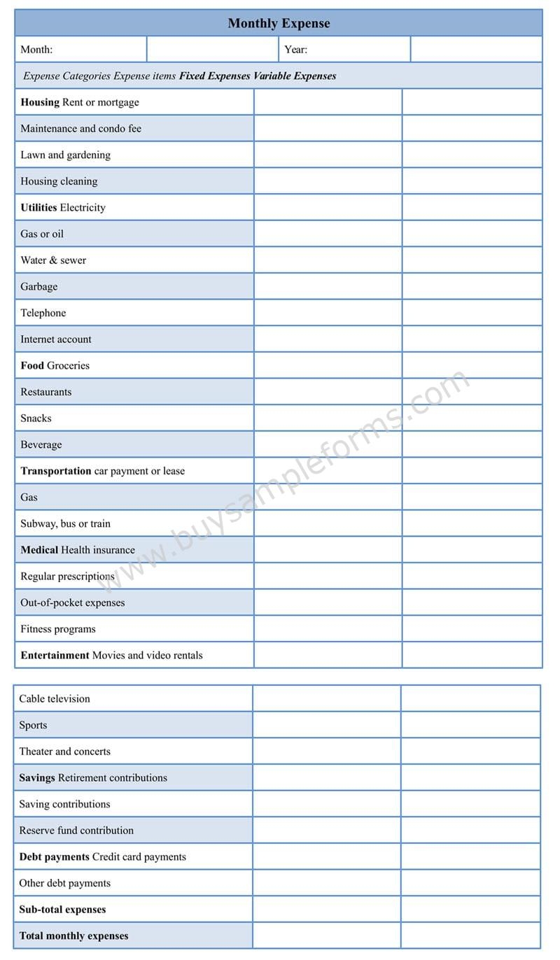 Free Printable Monthly Expense Forms Printable Forms Free Online