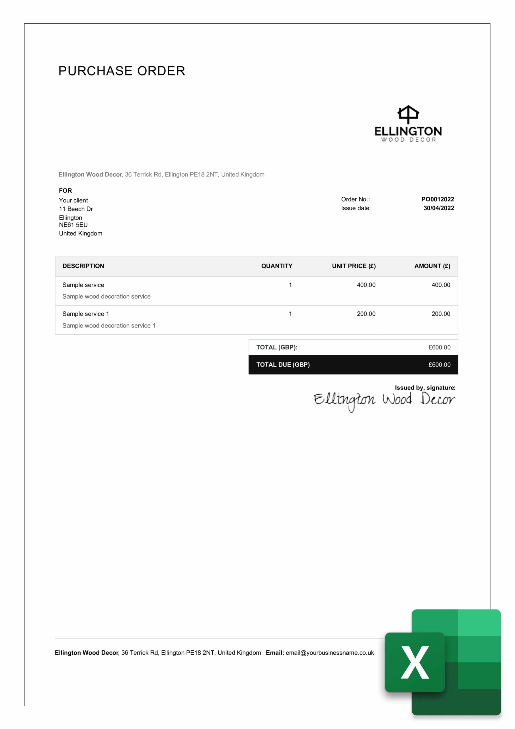 Free Purchase Order Excel Template Download Billdu