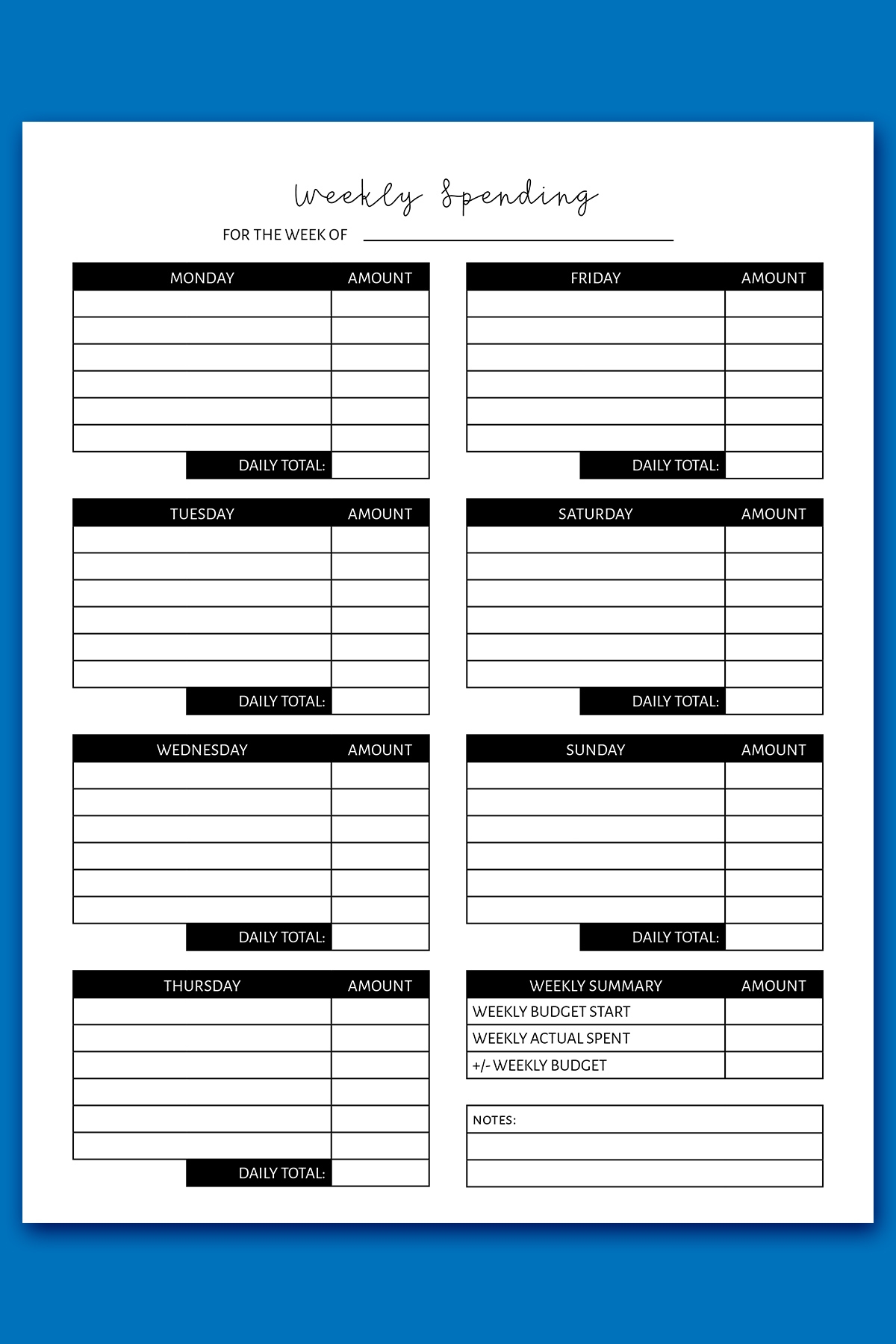 Free Weekly Expense Tracker Printable Digital Templates