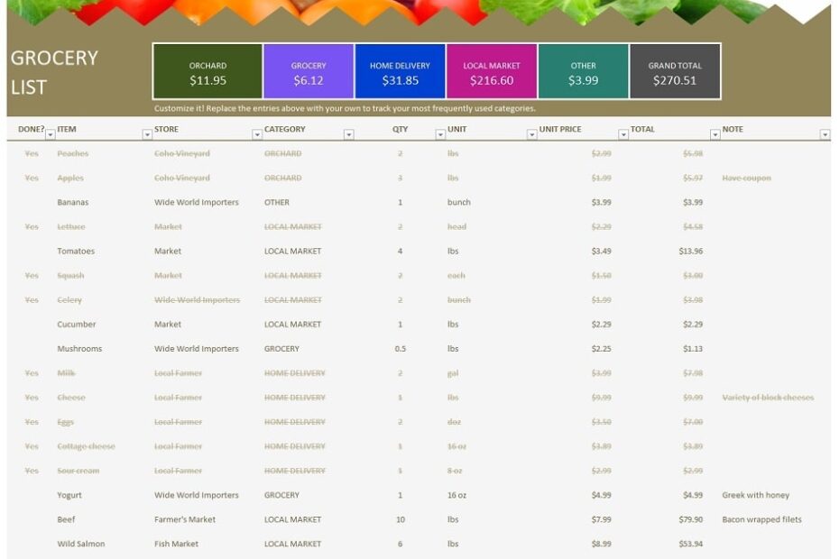 Grocery List Excel Template