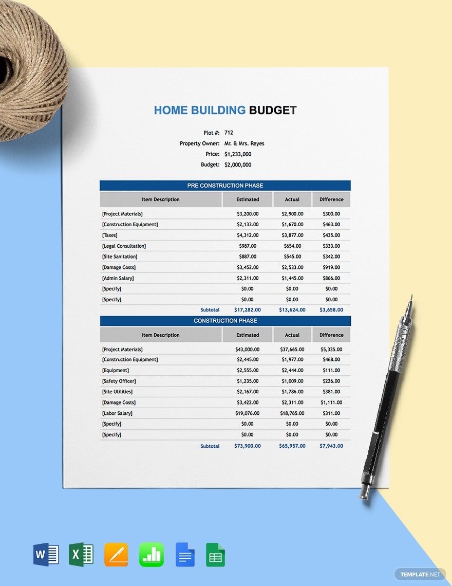Home Building Budget Template In Google Docs Google Sheets Word 
