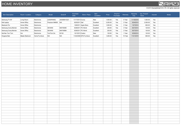 Home Inventory Spreadsheet Free Template For Excel