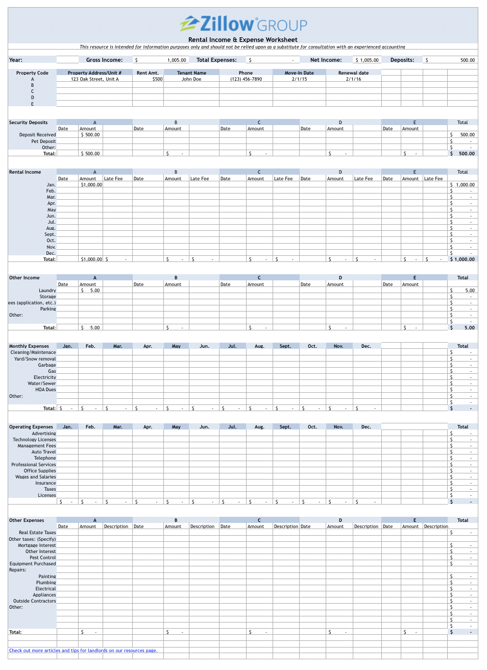 Landlord Rental Income And Expense Worksheet