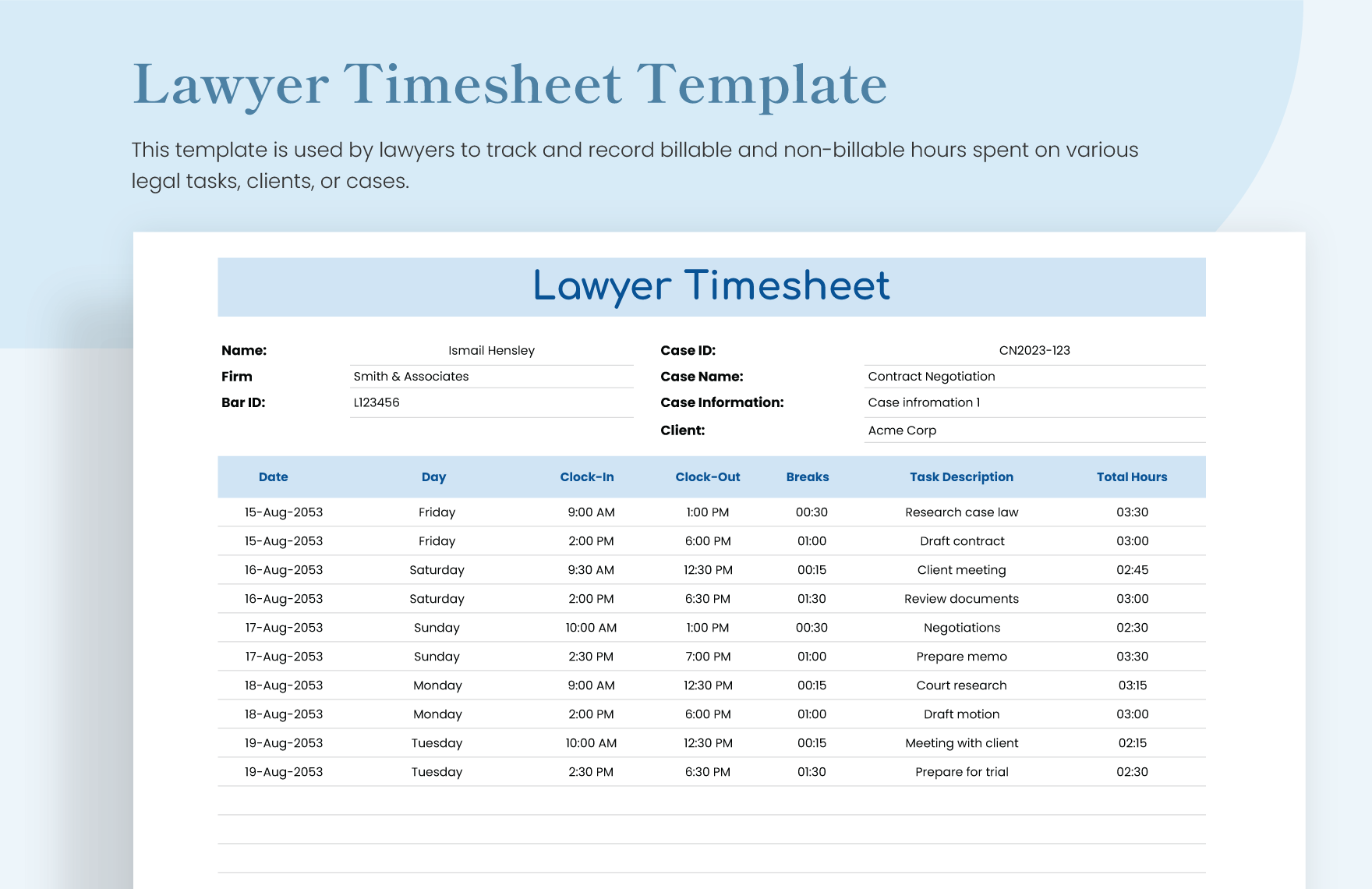 Lawyer Timesheet Template Download In Excel Google Sheets Template