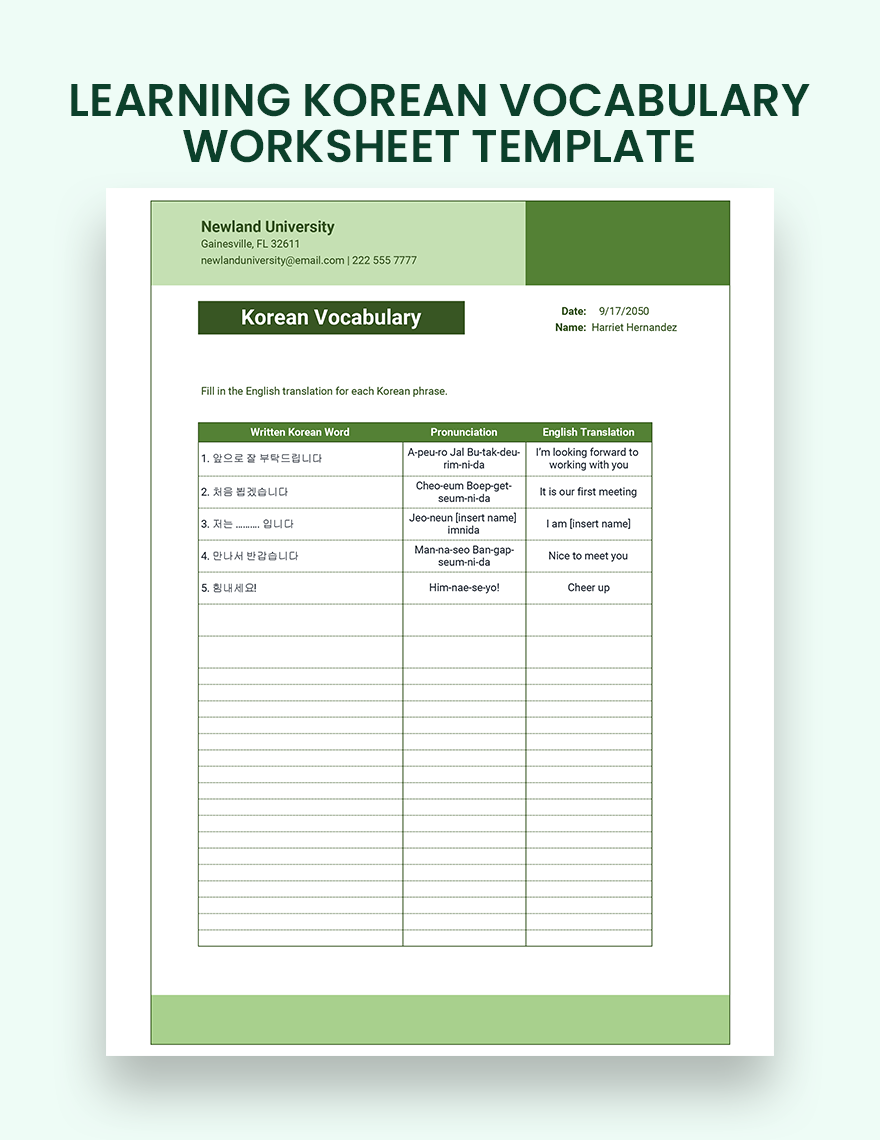 Learning Korean Vocabulary Worksheet Template Download In Excel 