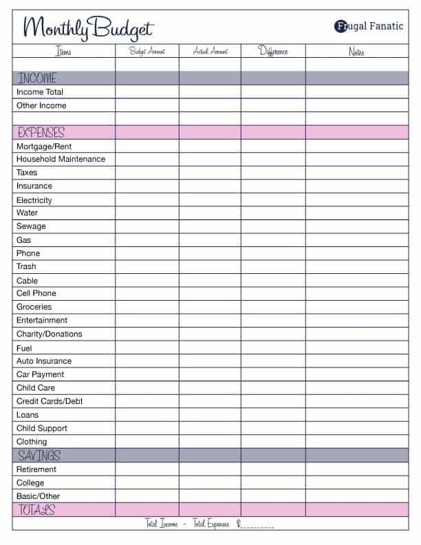 Monthly Budget Template Printable