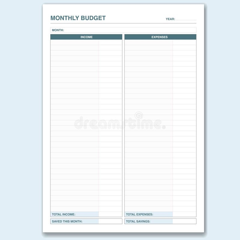 Monthly Budget Tracker Of Income And Expenses Printable Template Stock 