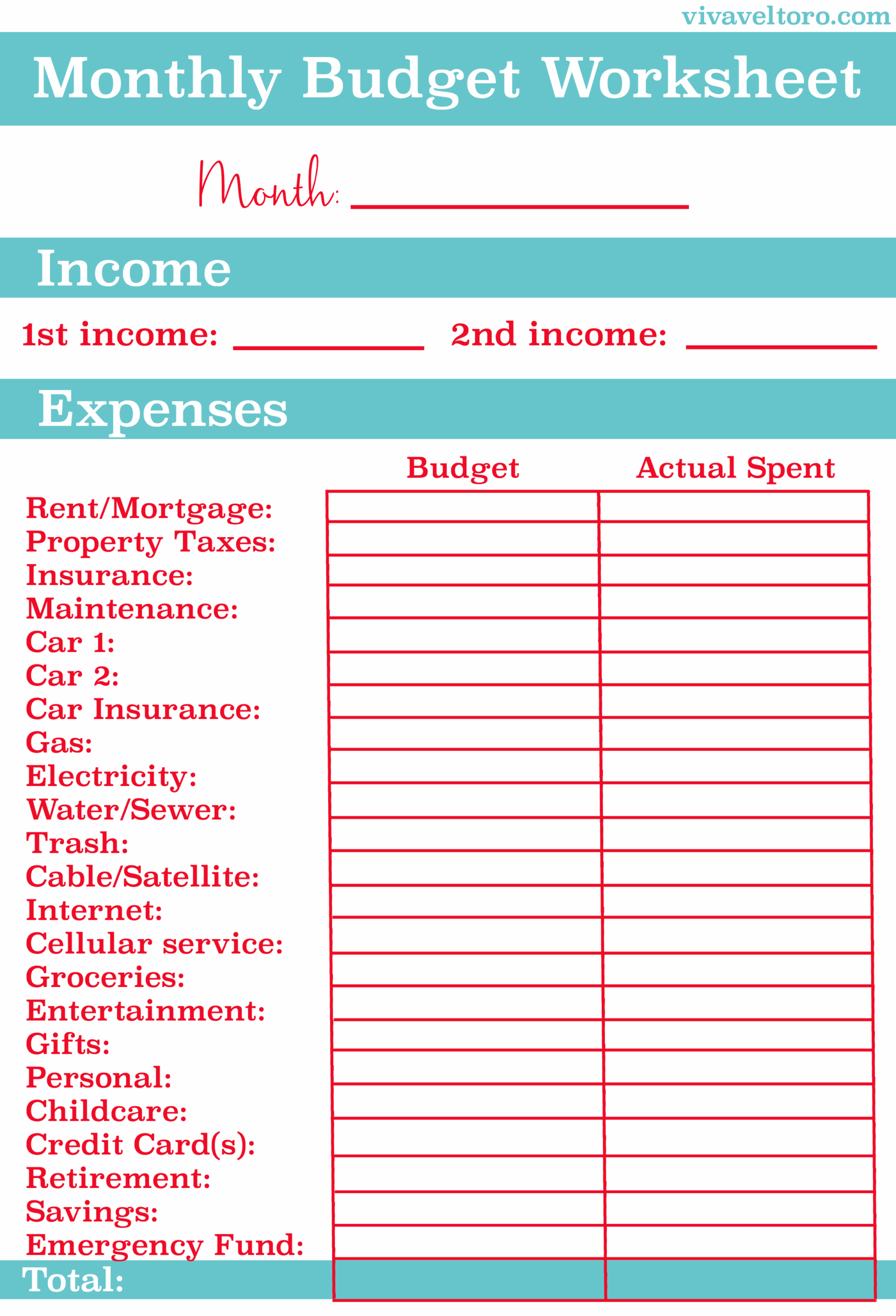 Monthly Budget Worksheet Free Printable Viva Veltoro Worksheets 