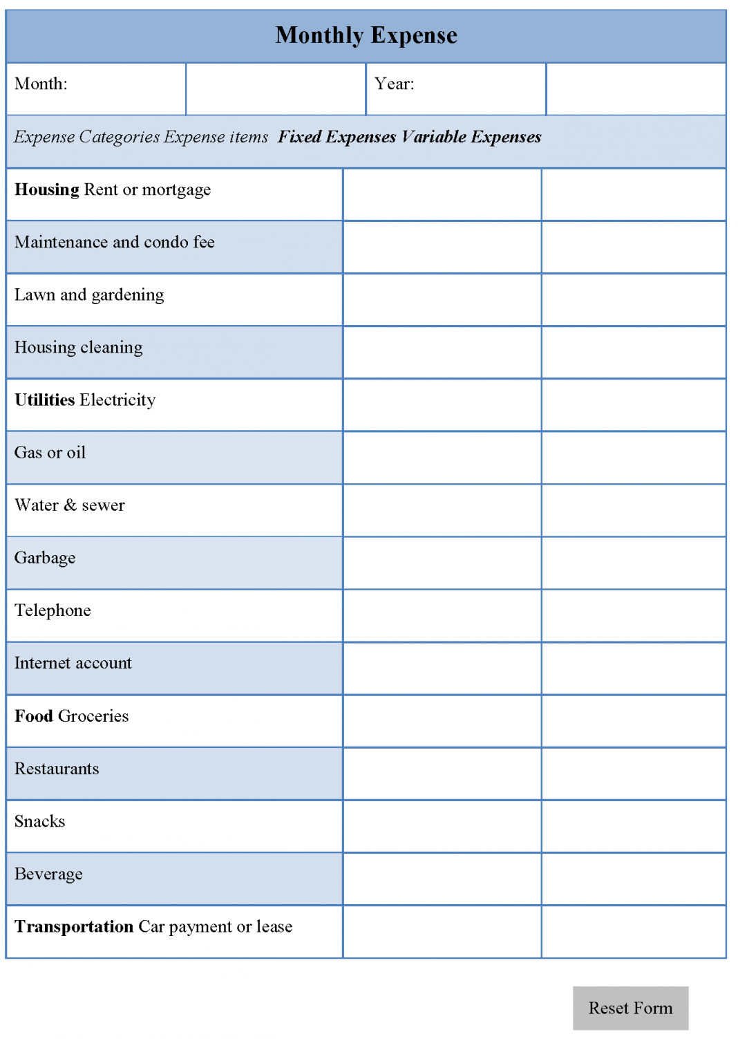 Monthly Expense Form Editable Forms Budget Sheets FREE Printable