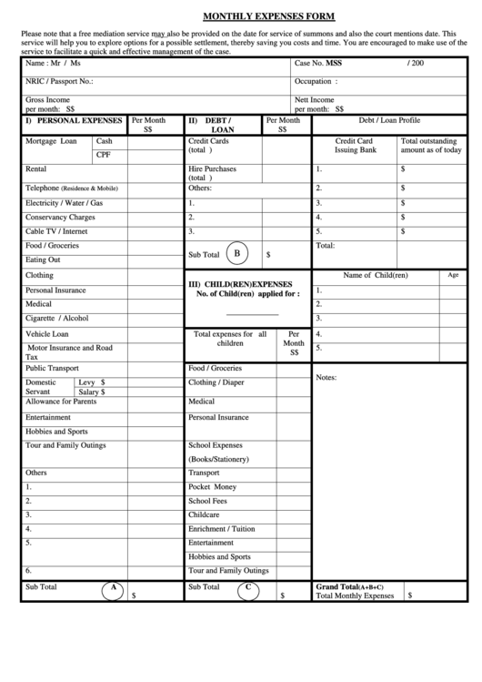 Monthly Expenses Form Printable Pdf Download