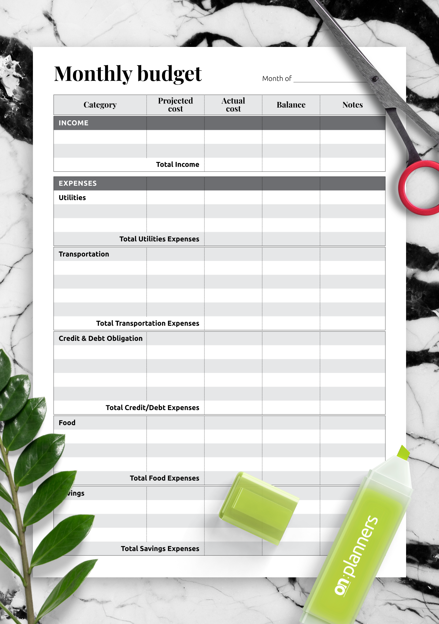 Monthly Expenses List Printable