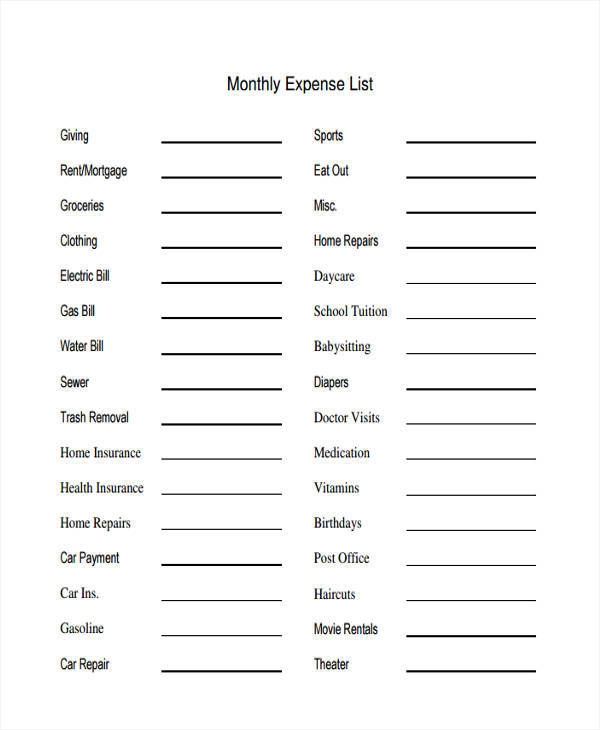 Monthly Expenses List Printable