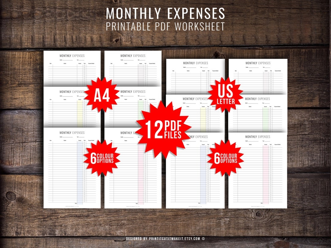 Monthly Expenses Printable PDF Worksheet Minimalist Design 6 Colours 