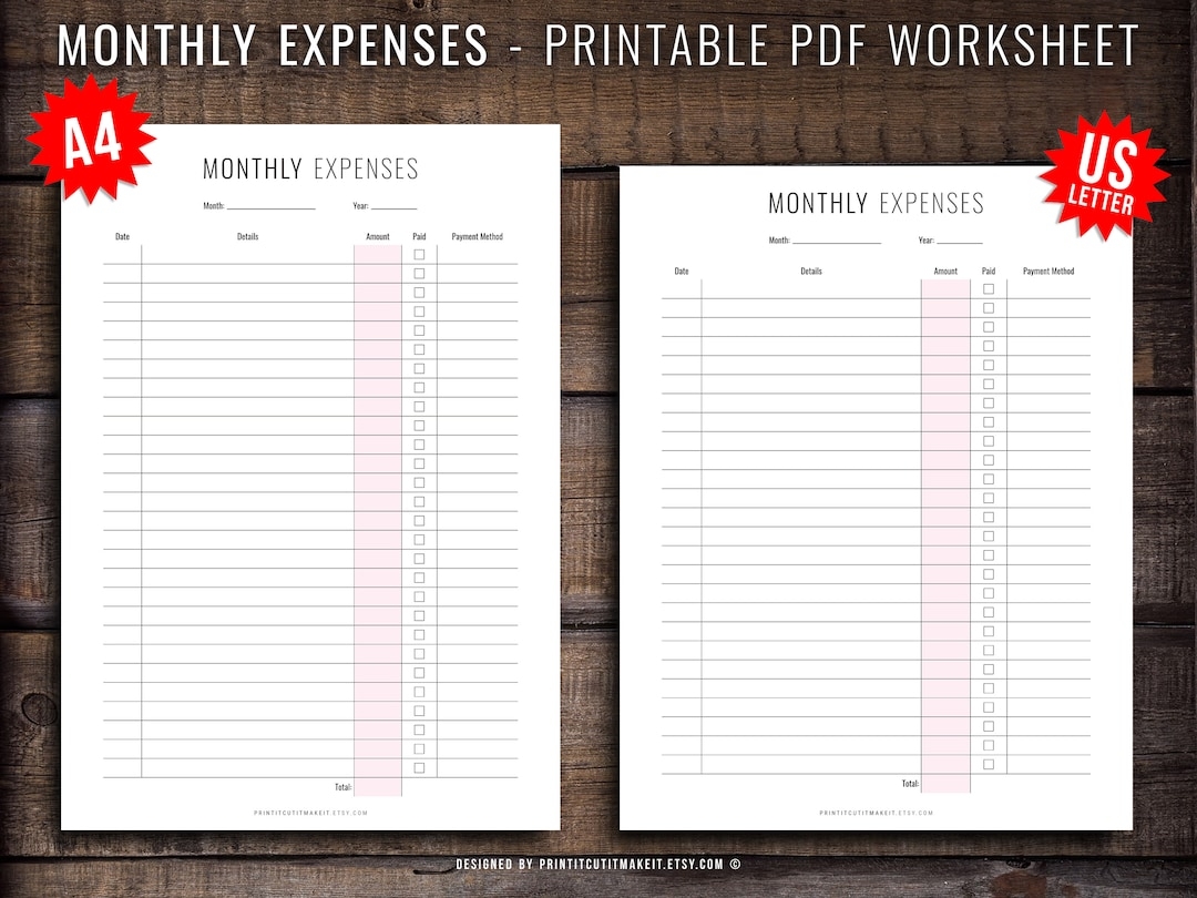 Monthly Expenses Printable PDF Worksheet Minimalist Design 6 Colours 