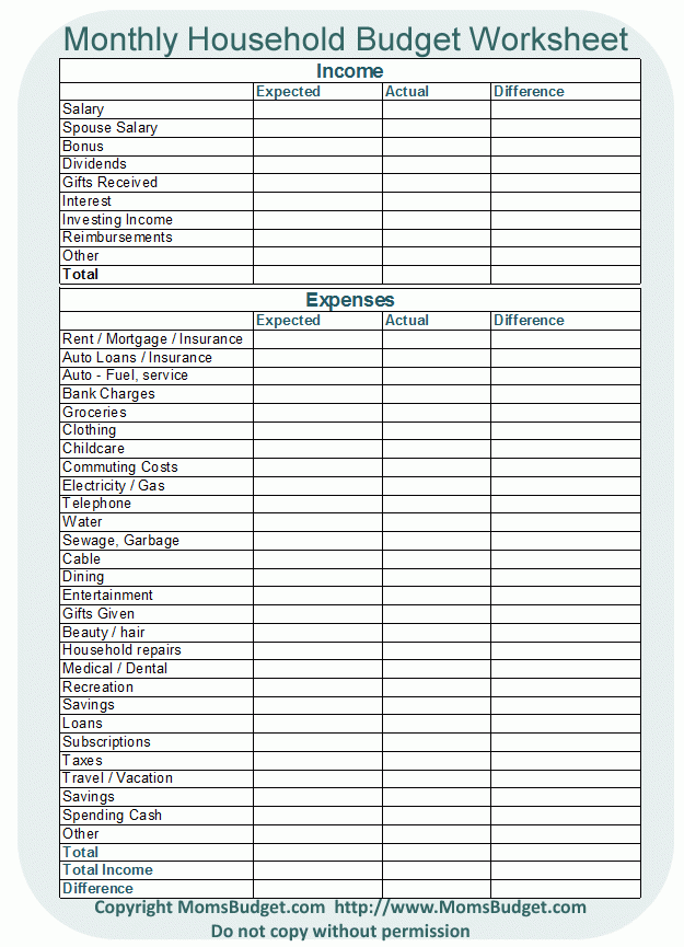 Monthly Household Budget Worksheet Moms Budget