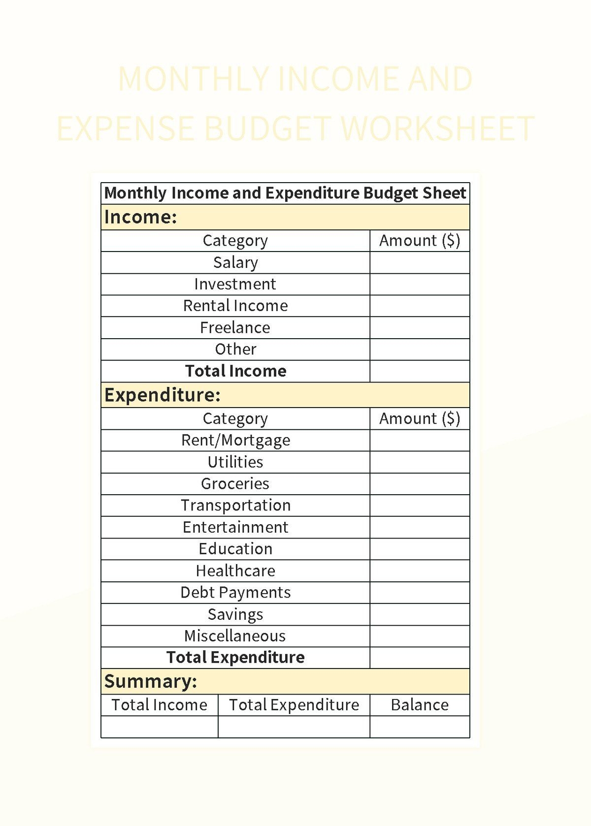 Monthly Income And Expense Budget Worksheet Excel Template And Google 