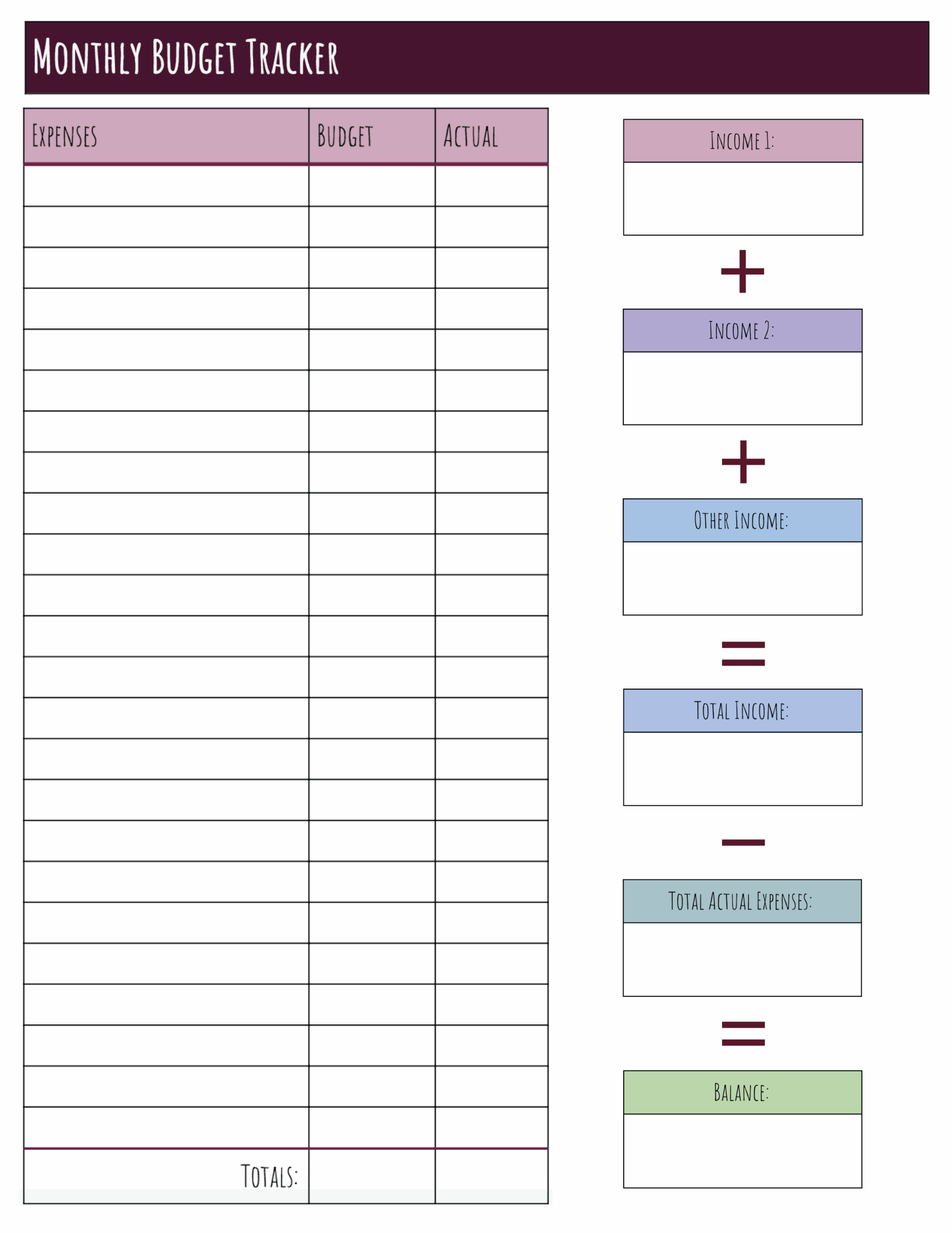 Monthly Printable Budget Template