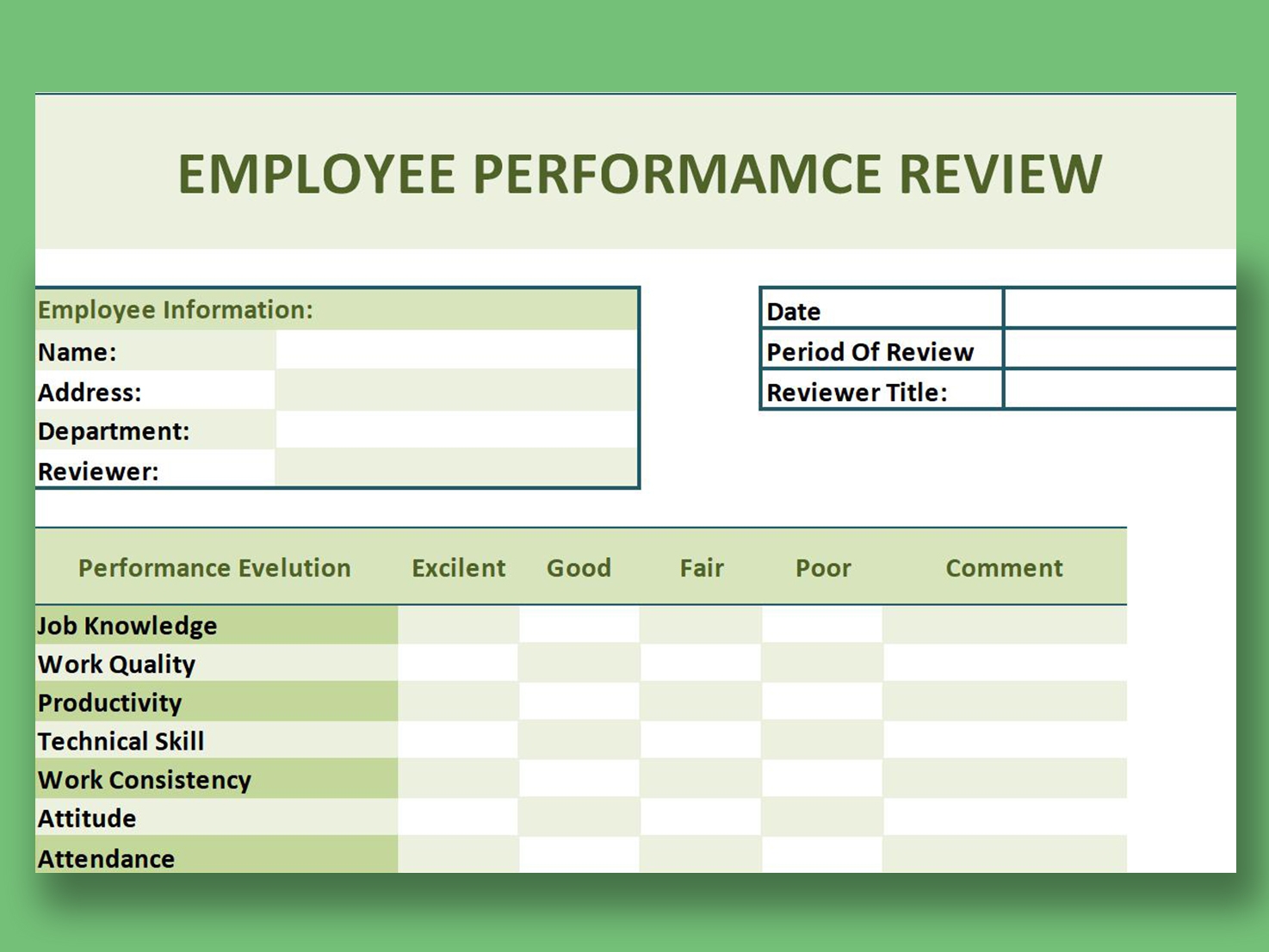 Performance Review Template Employee Performance Excel Printable Forms 