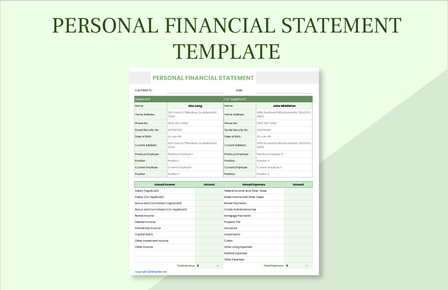 Personal Financial Statement Excel Template