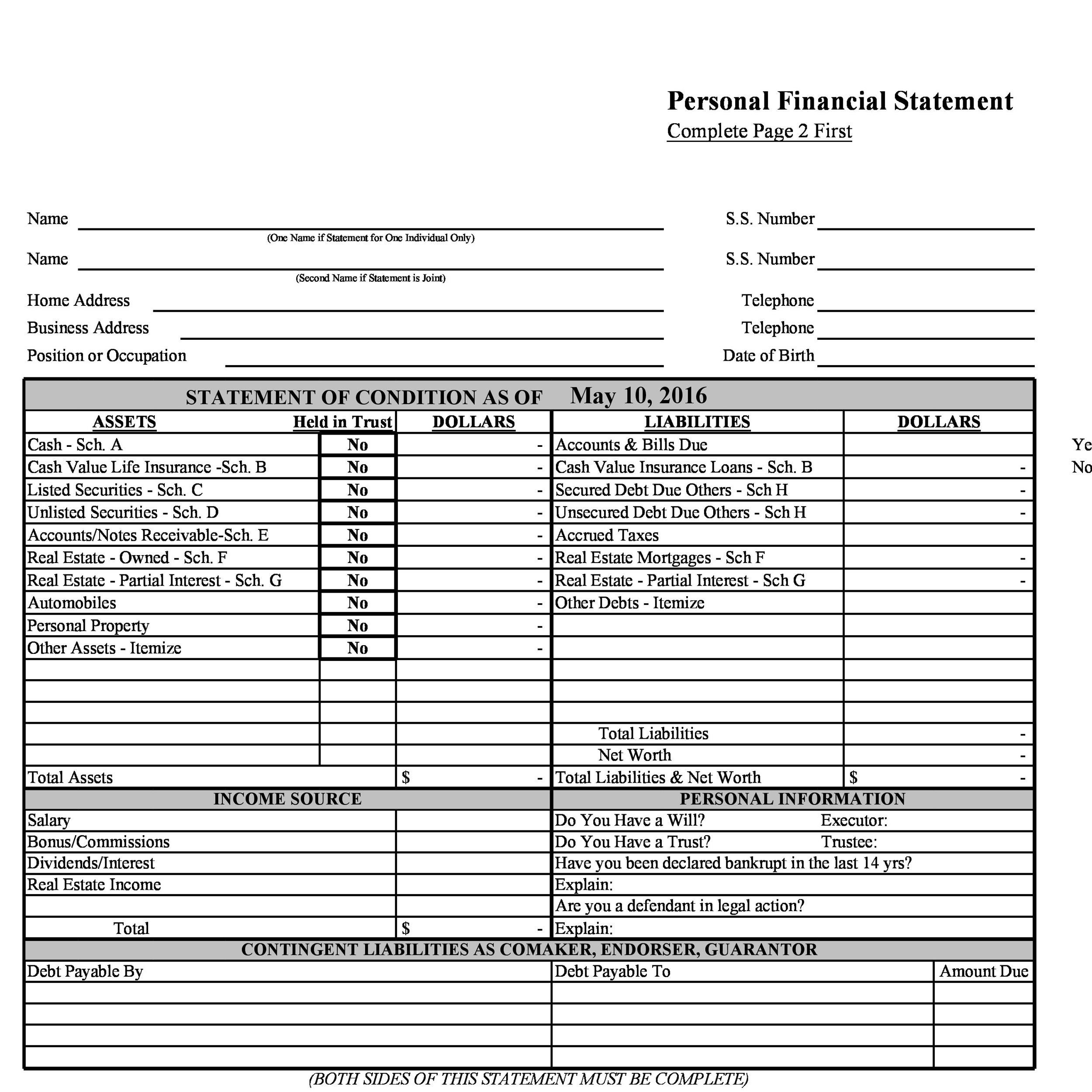 Personal Financial Statement Template Excel