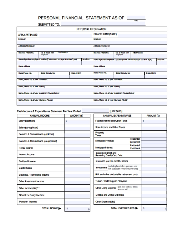 Personal Financial Statement Template Excel