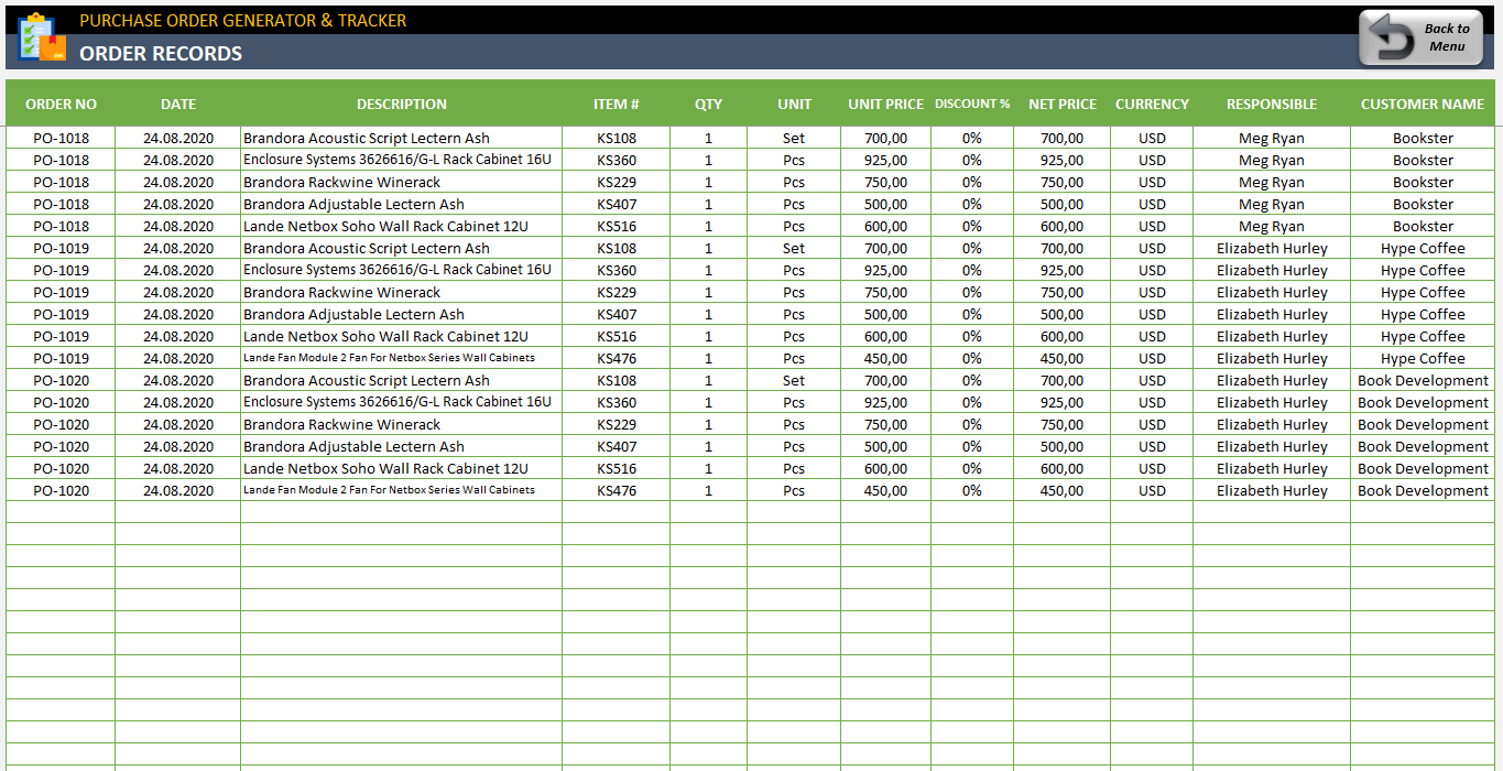 Po Tracking Excel Template Honorange