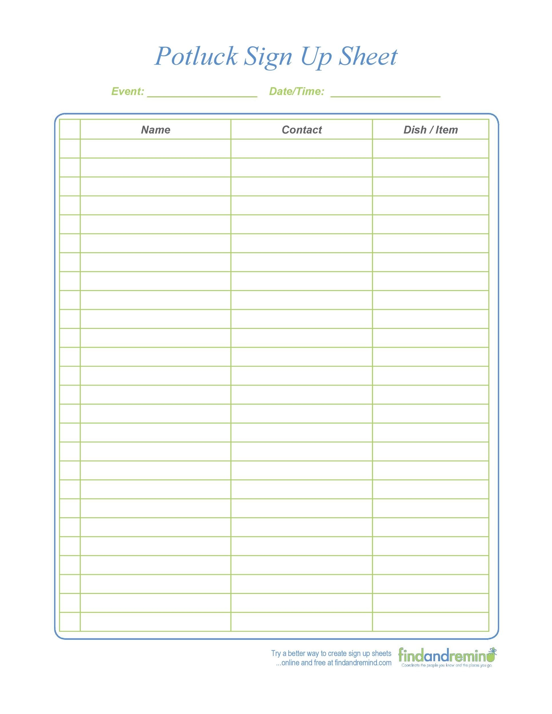 Potluck Sign Up Sheet Template Excel Printable Form Templates And Letter
