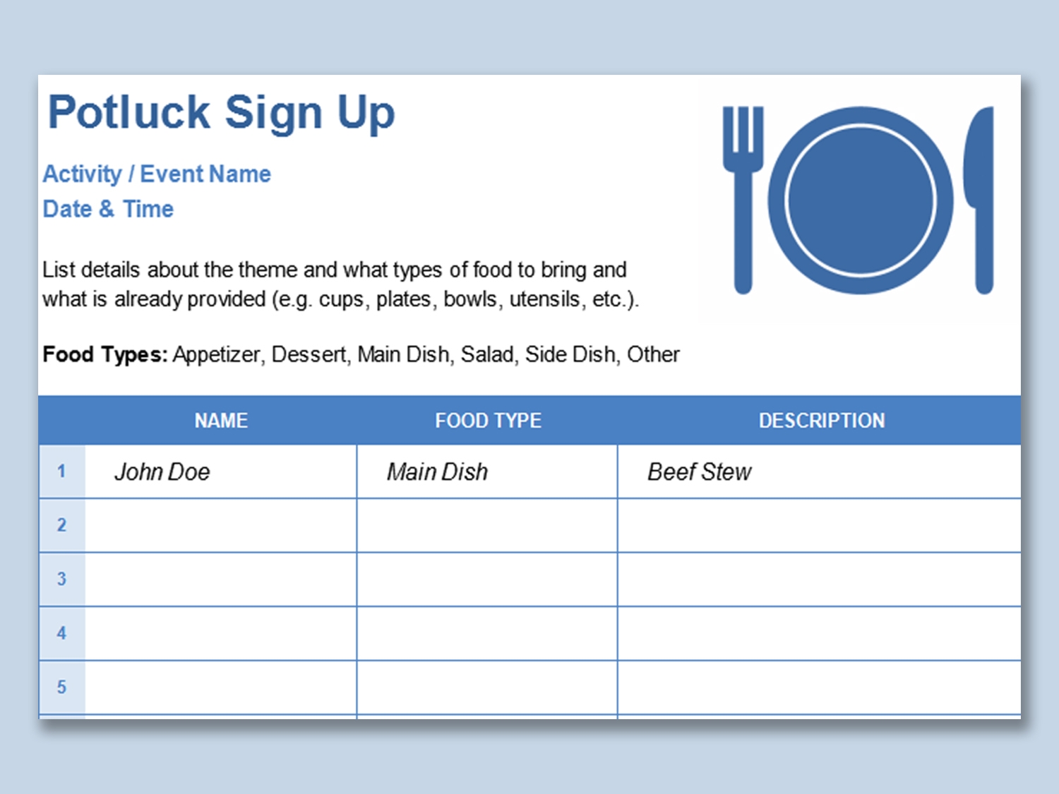 Potluck Sign Up Sheet Template Excel Printable Form Templates And Letter