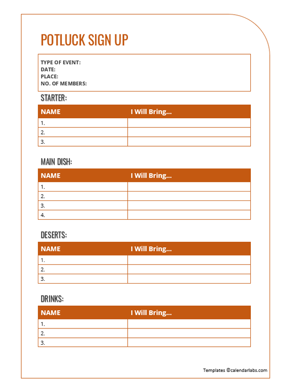 Potluck Sign Up Sheet Template Free Printable Templates