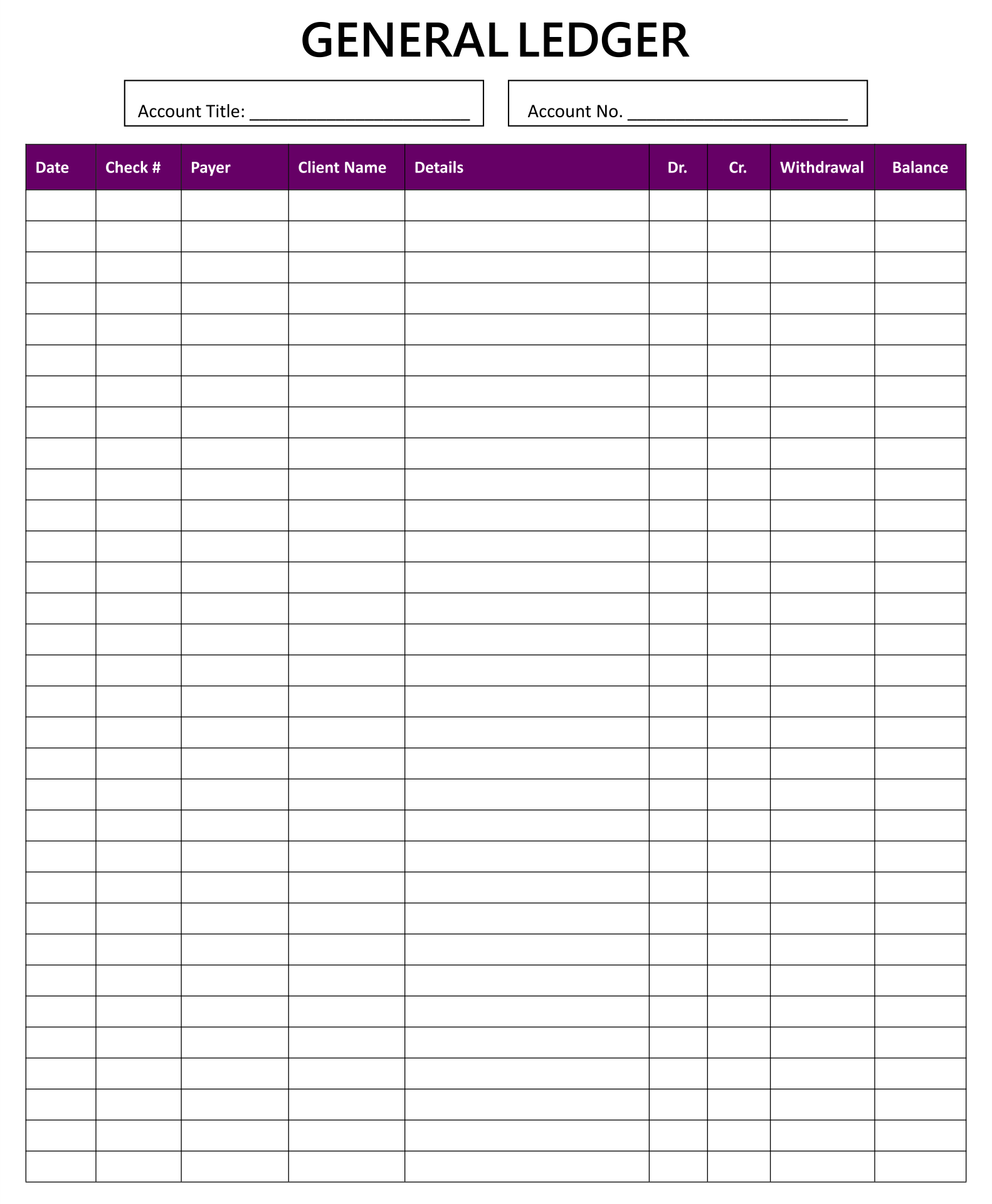 Printable Accounting Ledger Paper Template General Ledger Sheet 