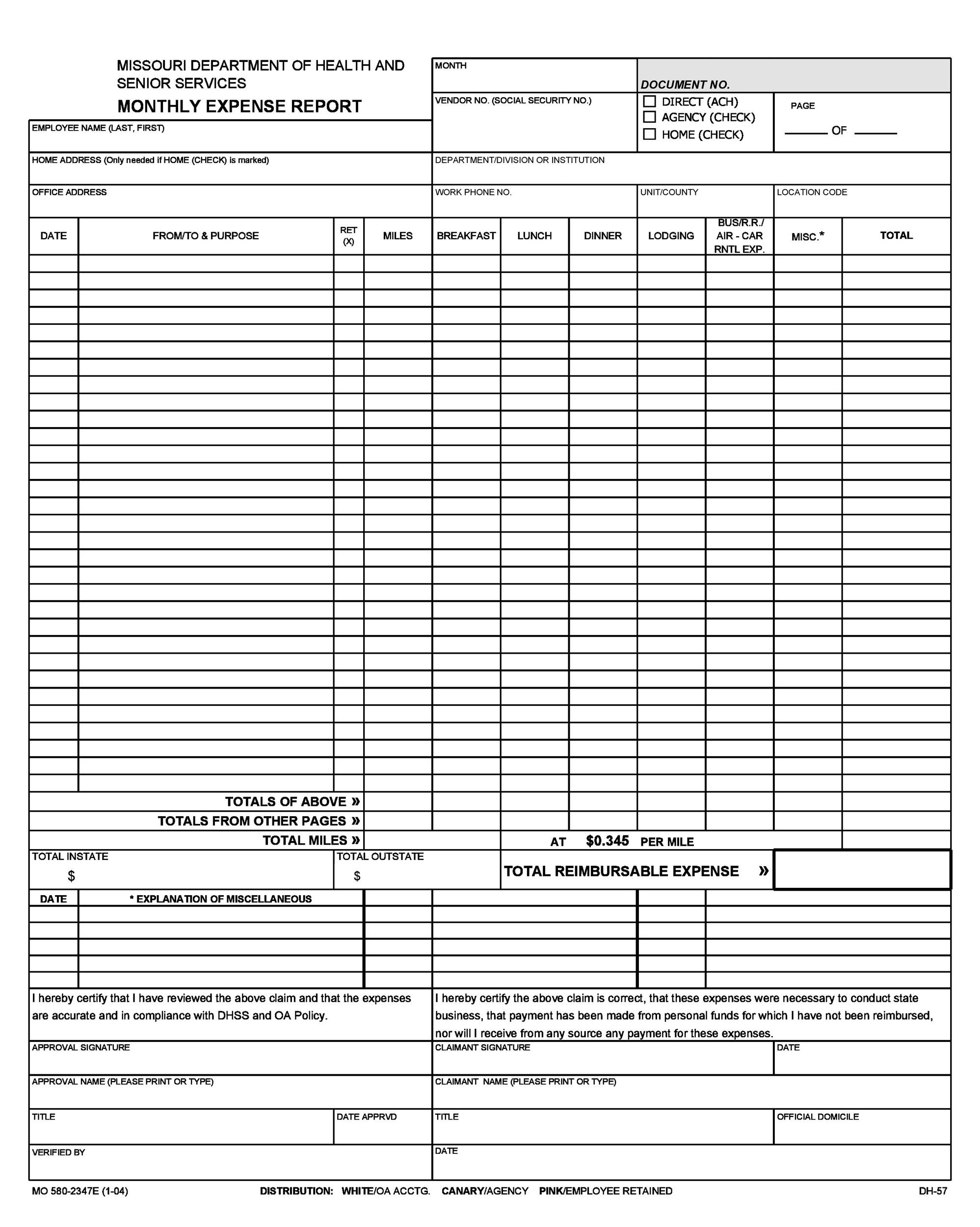 Printable Expense Report Sheet