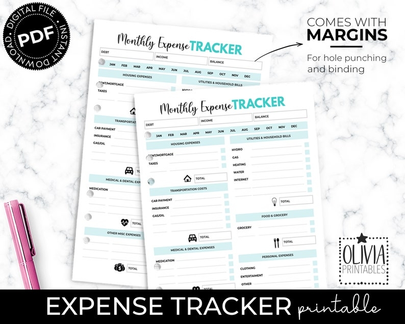 Printable Expense Tracker Monthly Expenses Log HP Insert Etsy