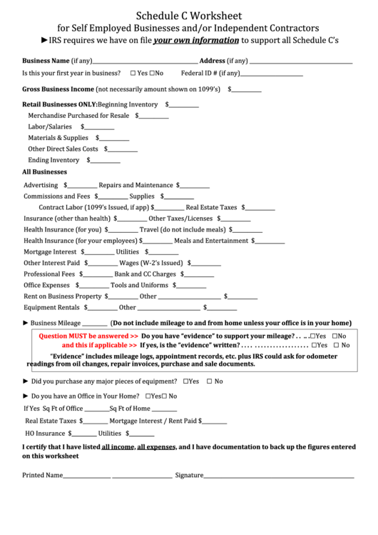 Printable Form For Expenses Self Employed Taxpayers Printable Forms 