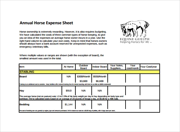 Printable Horse Expense Record Forms Printable Forms Free Online