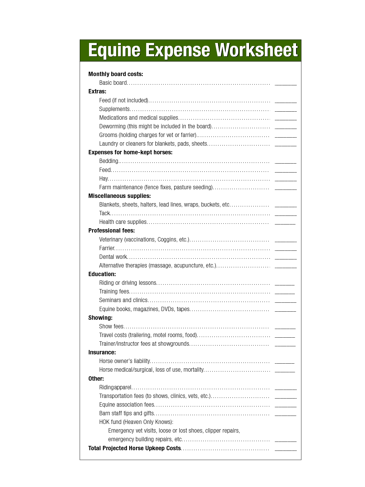 Printable Horse Expense Record Forms Printable Forms Free Online