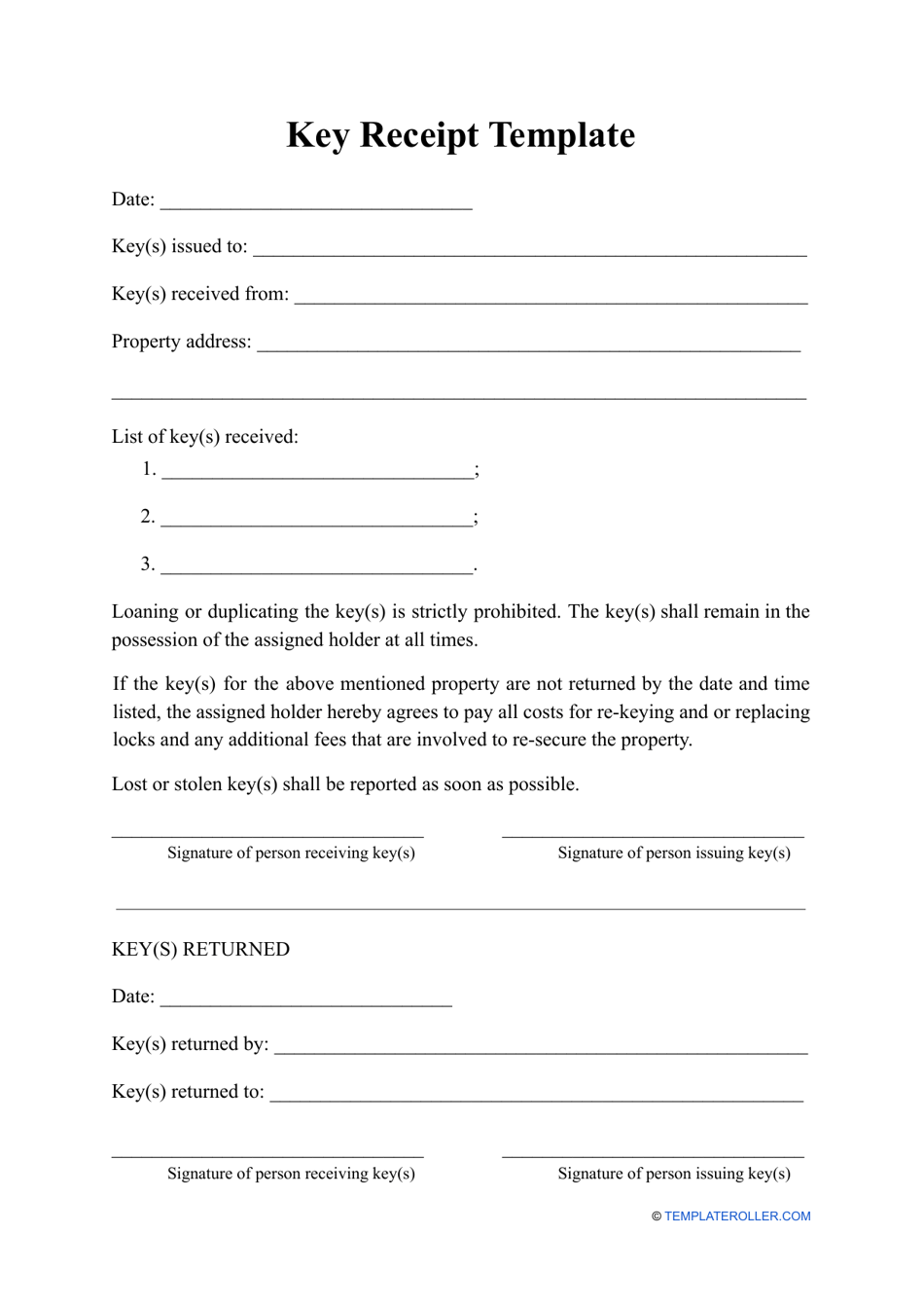 Printable Key Receipt Acknowledgement Form Printable Forms Free Online