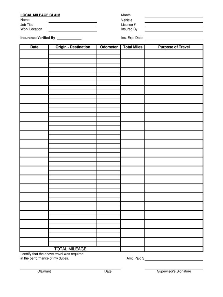 Printable Mileage Form