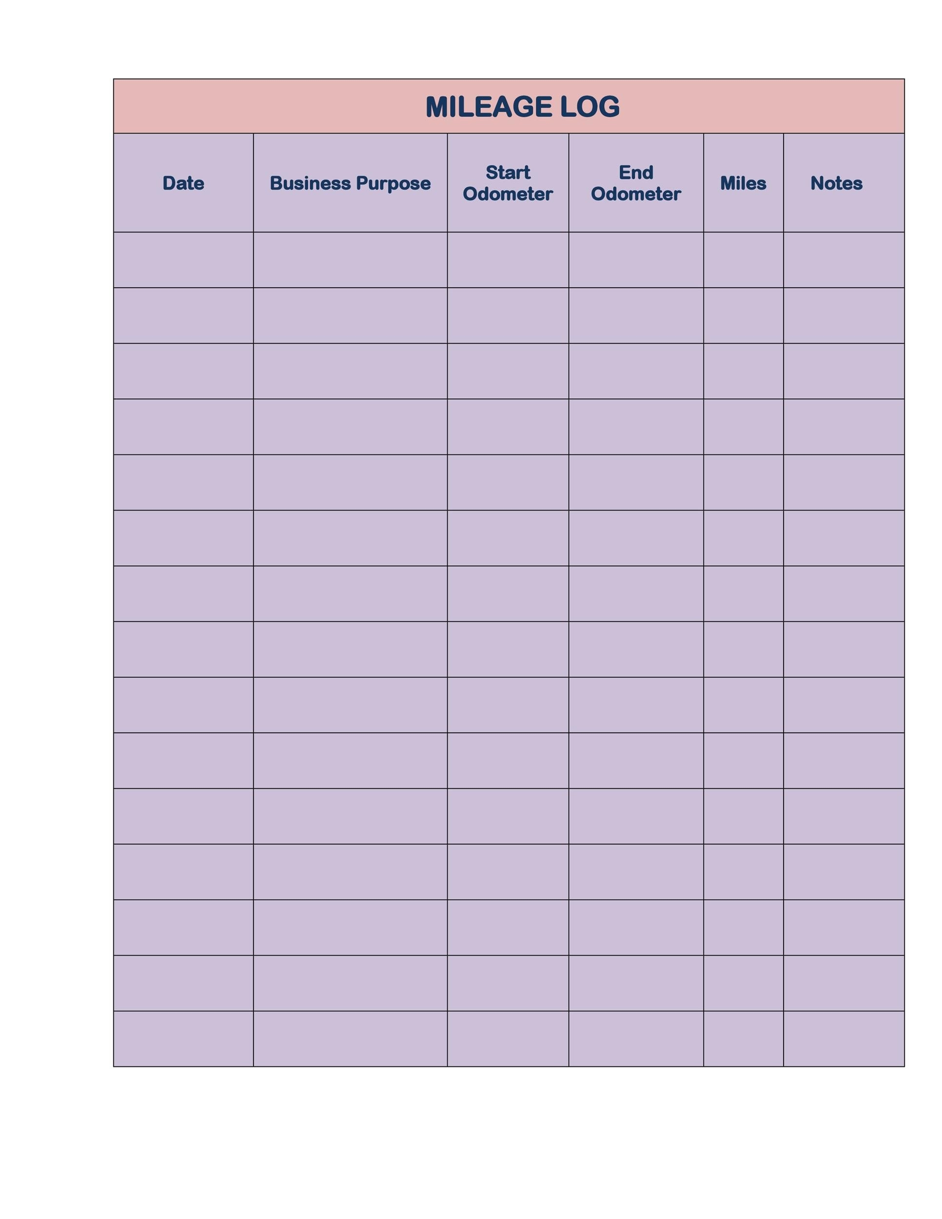 Printable Mileage Log Template