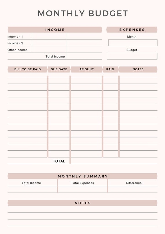 Printable Monthly Budget Planner Sheet Monthly Income Expense 