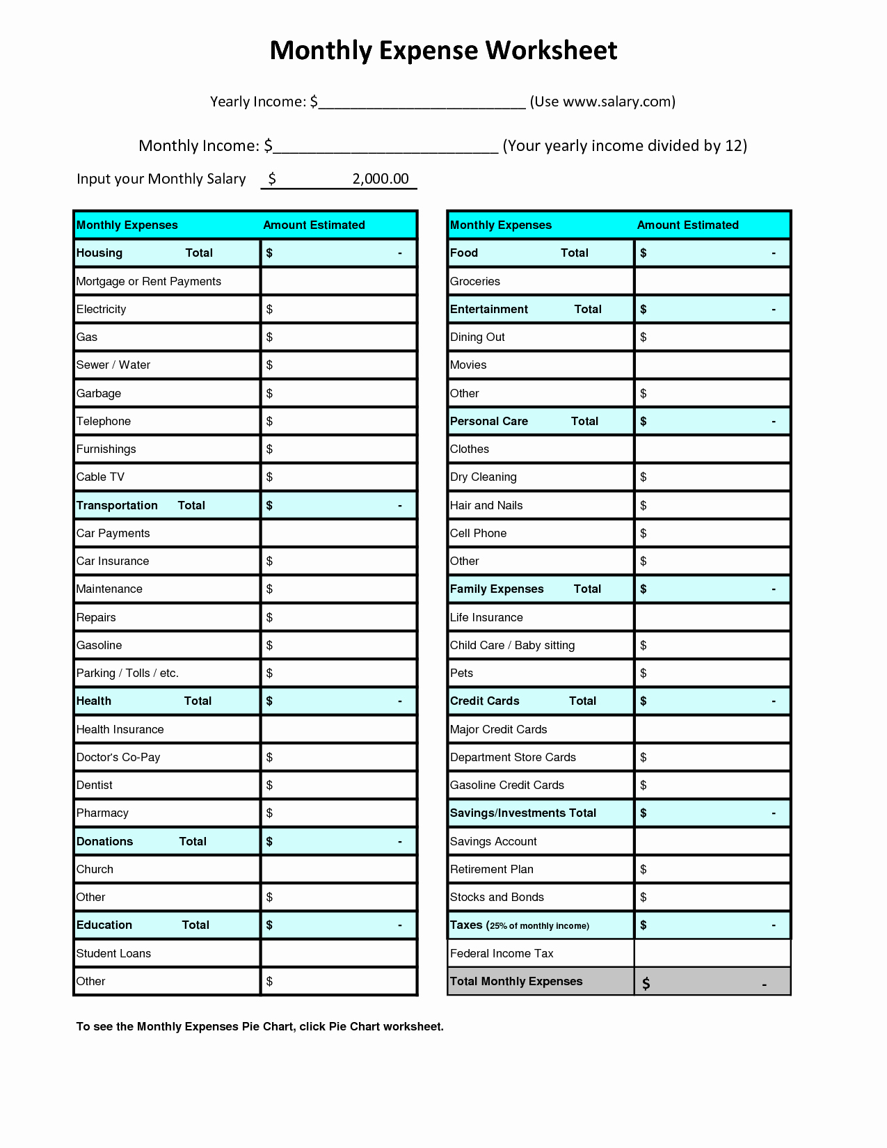 Printable Monthly Expense Sheet Budgeting Worksheets