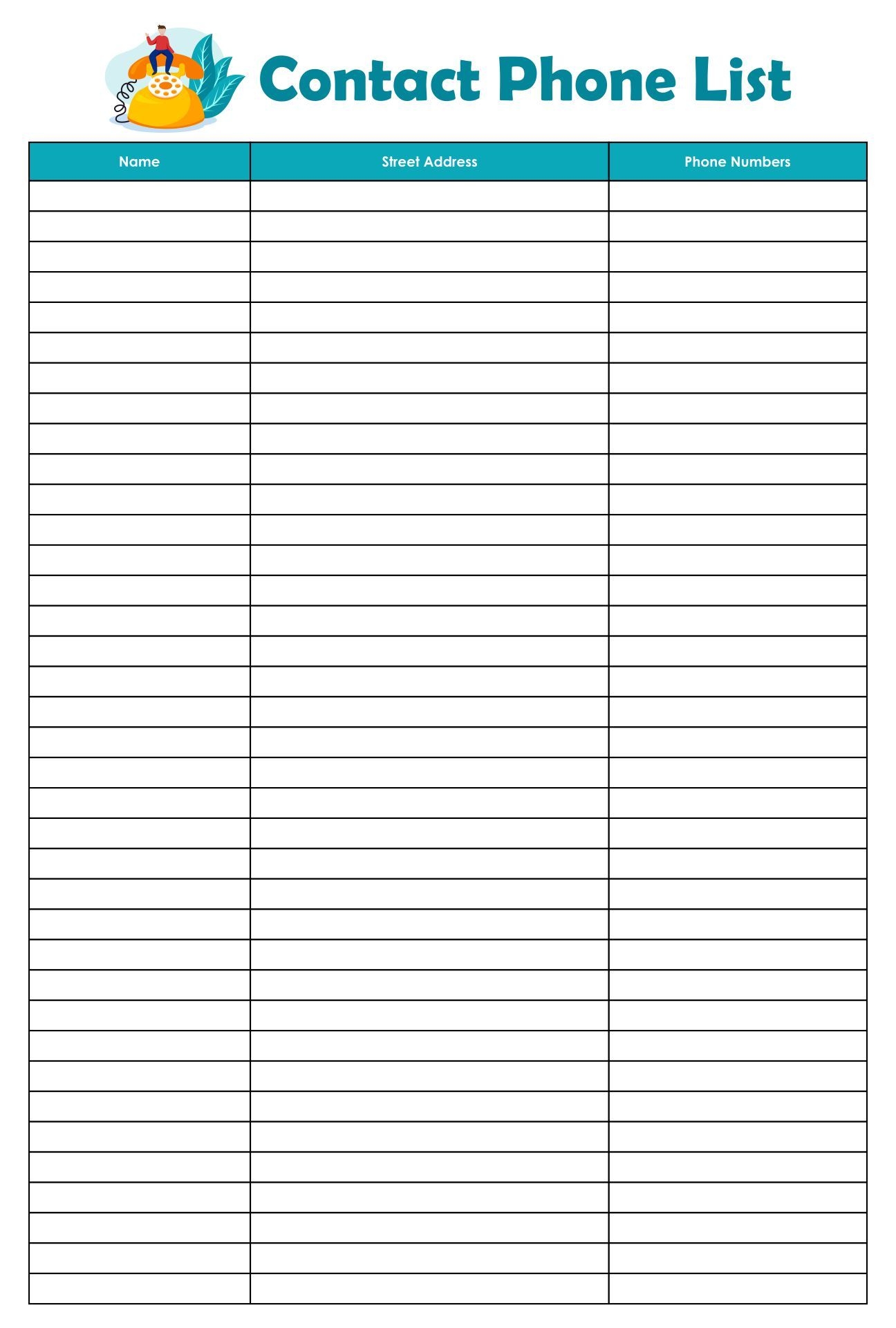 Printable Phone List Template Template Printable List Template 