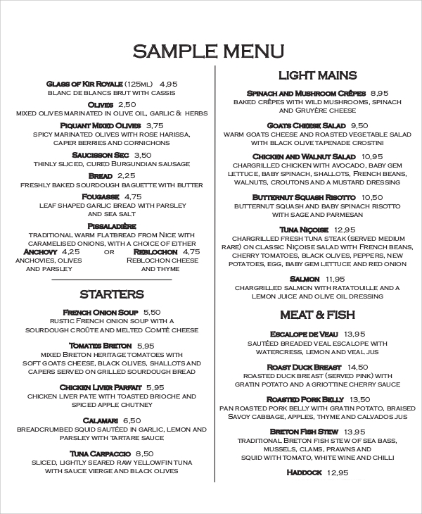 Printable Restaurant Menus With Prices