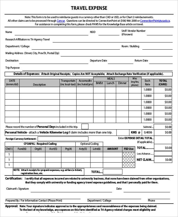 Printable Travel Expense Sheet