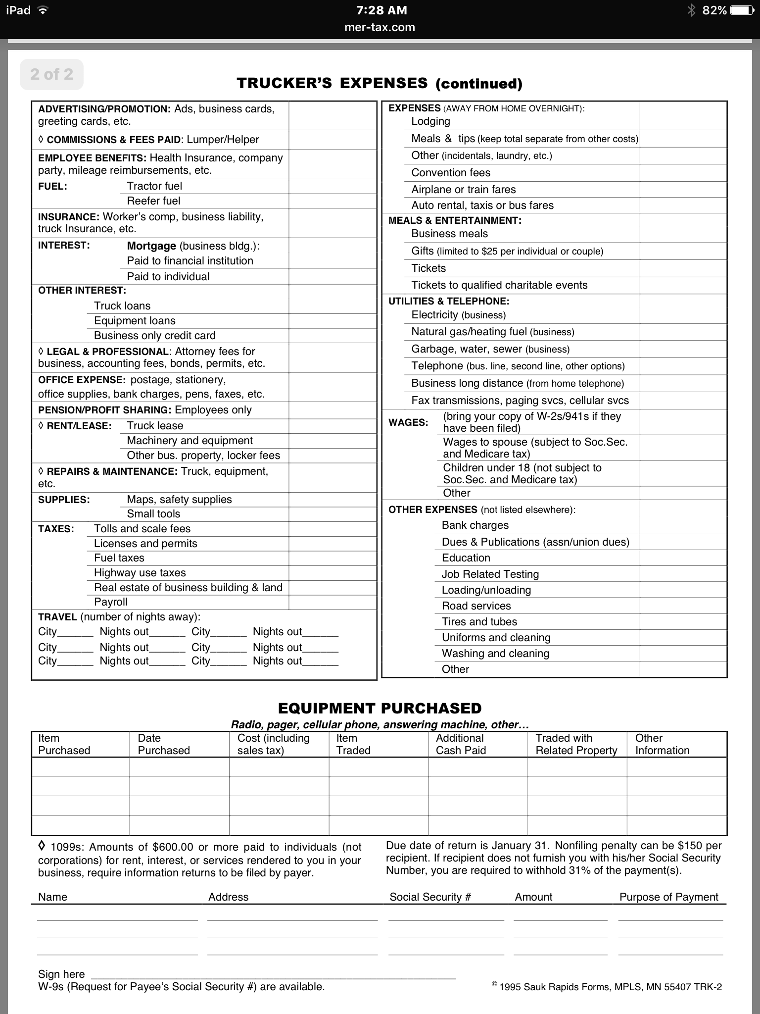 Printable Truck Driver Expense Owner Operator Tax Deductions Worksheet
