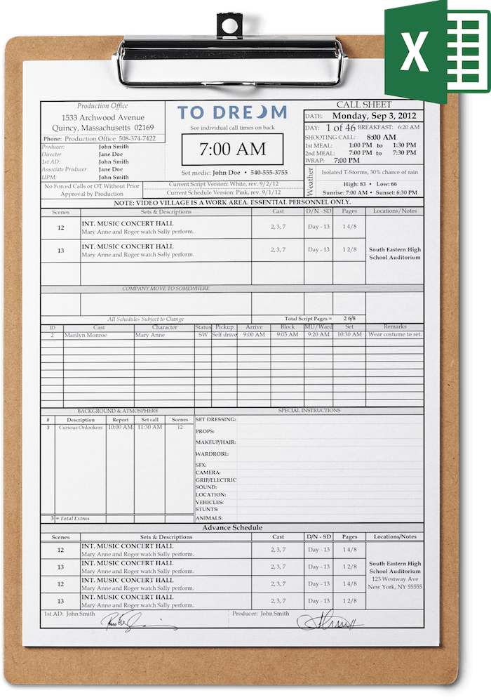 Professional Call Sheet Template For Excel SetHero