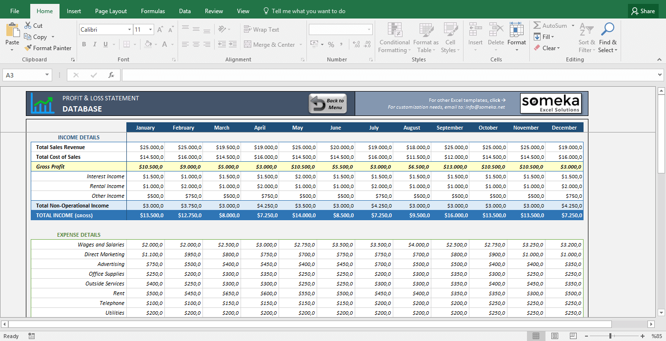 Profit And Loss Statement Template Free Excel Spreadsheet