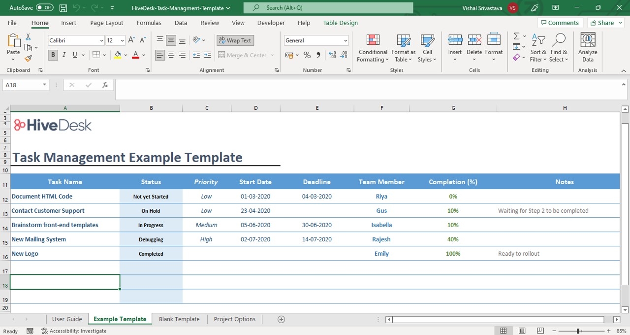 Project Task Tracker Excel Template Free Download 60 OFF
