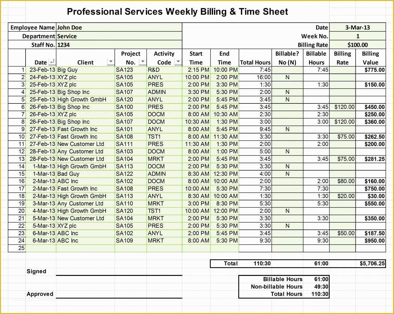 Project Timesheet Template Free Of Professional Services Billing 